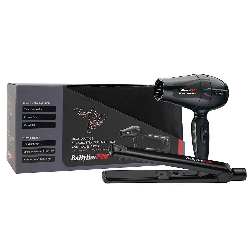 BabylissPro Travel In Style - Dual Voltage Straightener Iron & Hairdryer