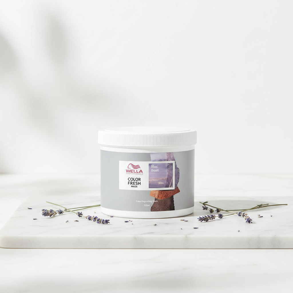 Wella Lilac Frost Colour Fresh Mask 500ml on white marble with lavender sprigs
