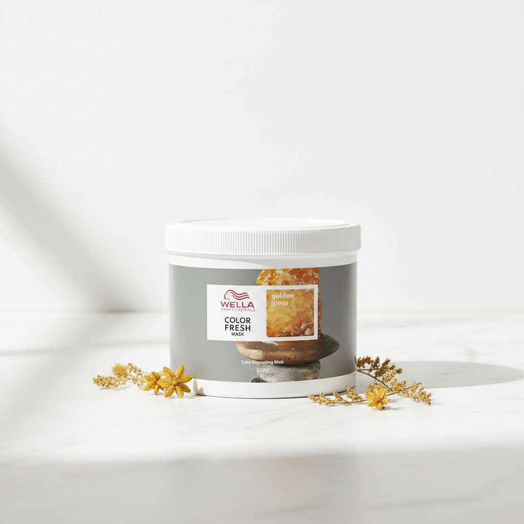 Wella Golden Gloss Colour Fresh Mask 500ml on white marble with golden botanicals